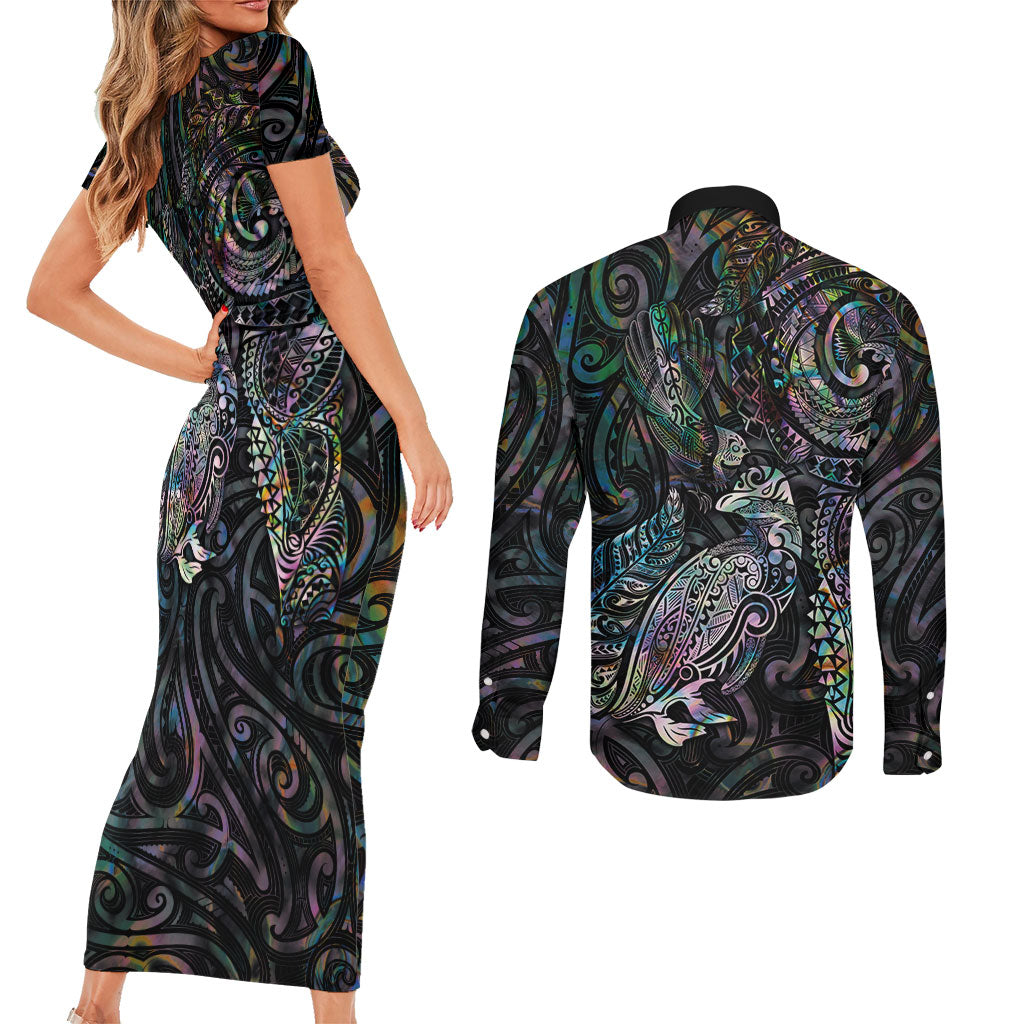 Aotearoa Moko Tribal Tattoo Couples Matching Short Sleeve Bodycon Dress and Long Sleeve Button Shirt New Zealand Maori Penguin and Fantail Paua Shell Style LT03 - Polynesian Pride