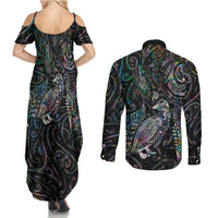 Aotearoa Moko Tribal Tattoo Couples Matching Summer Maxi Dress and Long Sleeve Button Shirt New Zealand Maori Penguin and Fantail Paua Shell Style LT03 - Polynesian Pride