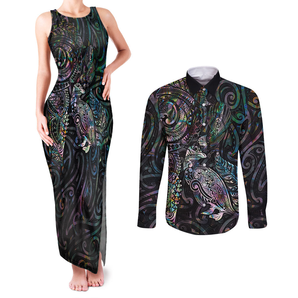 Aotearoa Moko Tribal Tattoo Couples Matching Tank Maxi Dress and Long Sleeve Button Shirt New Zealand Maori Penguin and Fantail Paua Shell Style