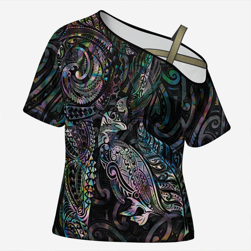 Aotearoa Moko Tribal Tattoo Cross Shoulder Shirt New Zealand Maori Penguin and Fantail Paua Shell Style LT03 Female Multicolor - Polynesian Pride