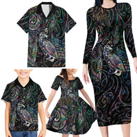 Aotearoa Moko Tribal Tattoo Family Matching Long Sleeve Bodycon Dress and Hawaiian Shirt New Zealand Maori Penguin and Fantail Paua Shell Style LT03 - Polynesian Pride