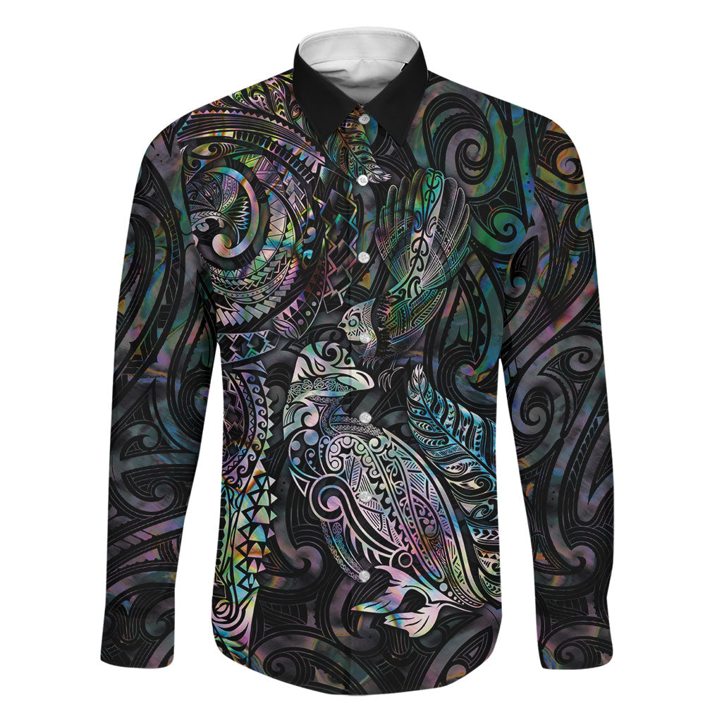 Aotearoa Moko Tribal Tattoo Family Matching Long Sleeve Bodycon Dress and Hawaiian Shirt New Zealand Maori Penguin and Fantail Paua Shell Style LT03 Dad's Shirt - Long Sleeve Multicolor - Polynesian Pride