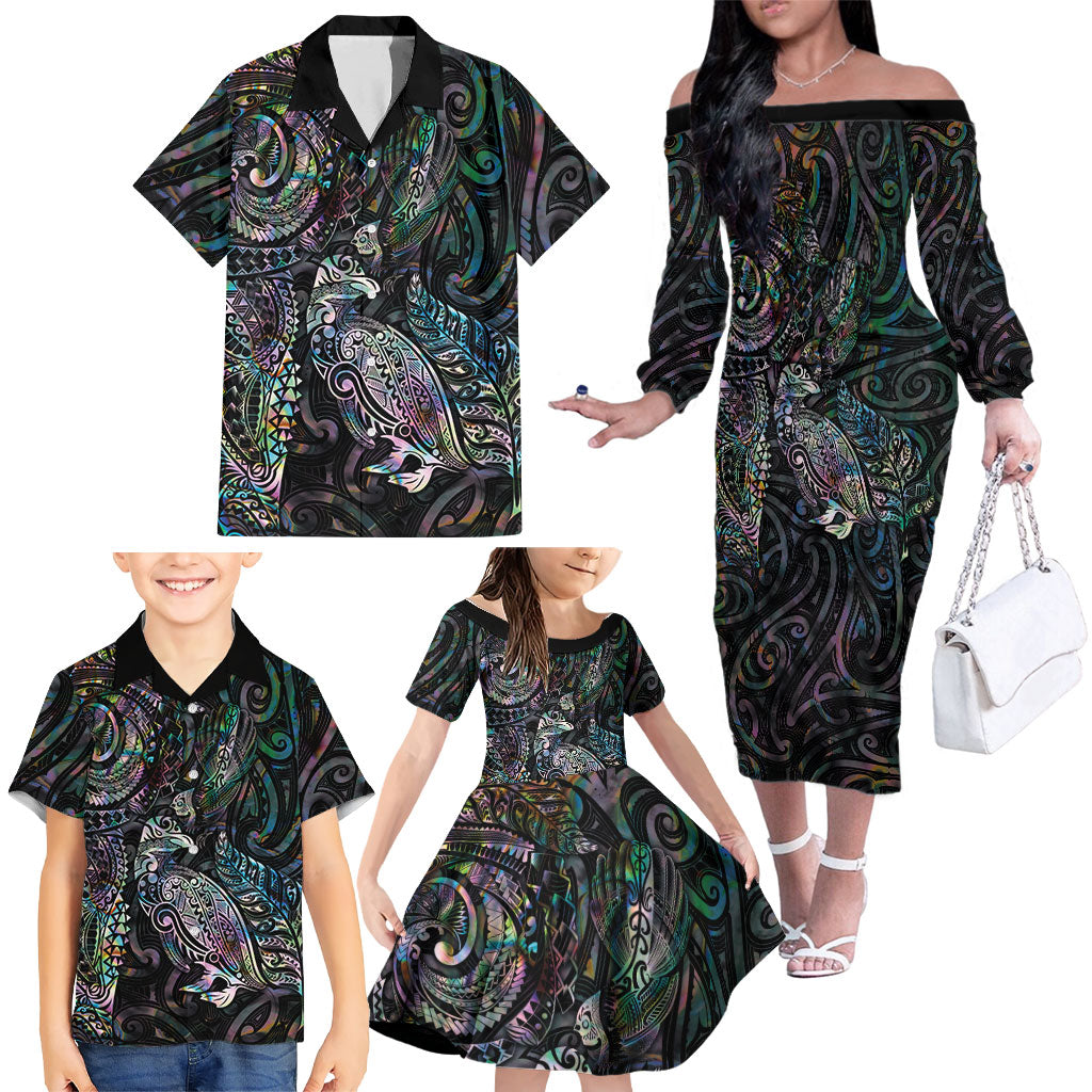 Aotearoa Moko Tribal Tattoo Family Matching Off The Shoulder Long Sleeve Dress and Hawaiian Shirt New Zealand Maori Penguin and Fantail Paua Shell Style LT03 - Polynesian Pride