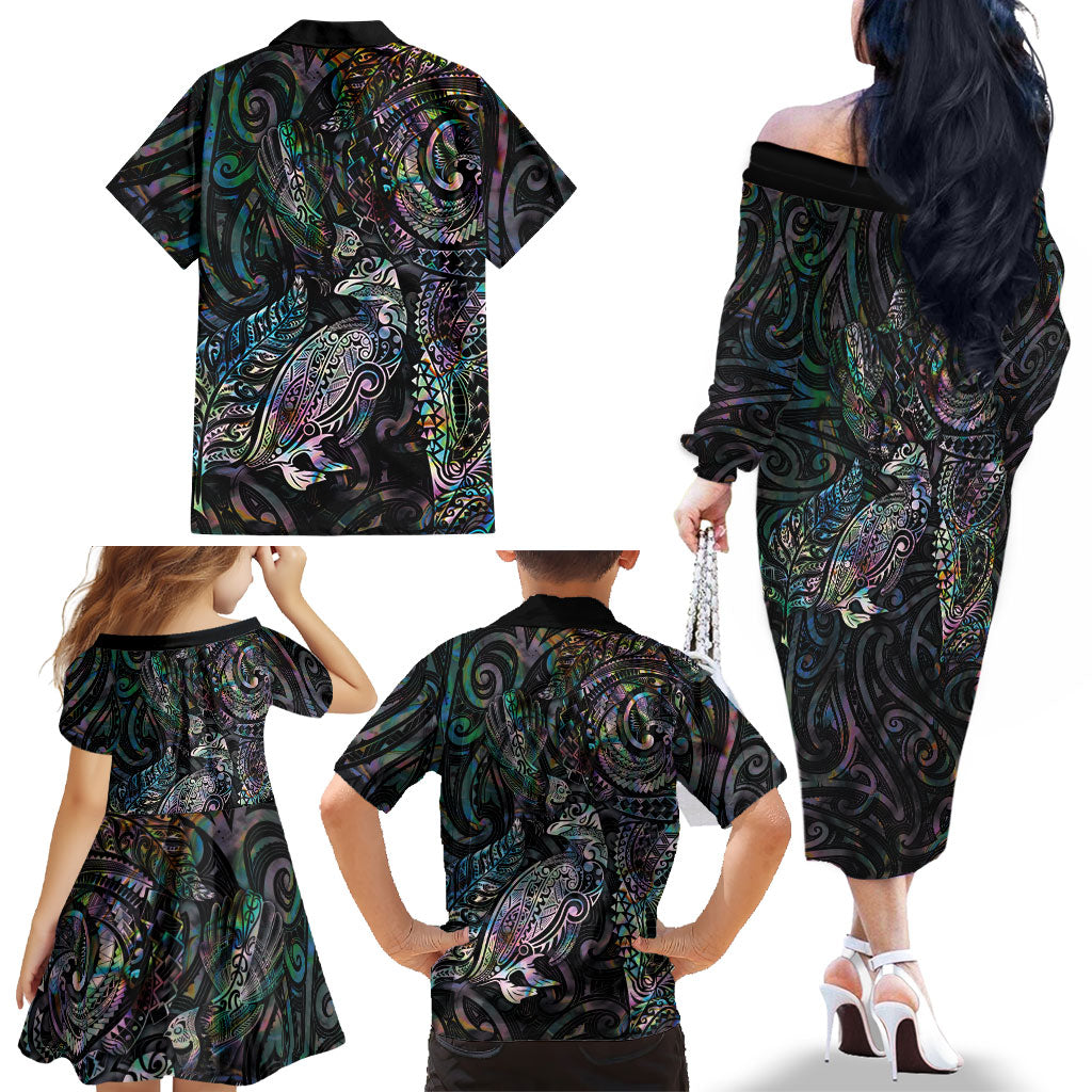 Aotearoa Moko Tribal Tattoo Family Matching Off The Shoulder Long Sleeve Dress and Hawaiian Shirt New Zealand Maori Penguin and Fantail Paua Shell Style LT03 - Polynesian Pride