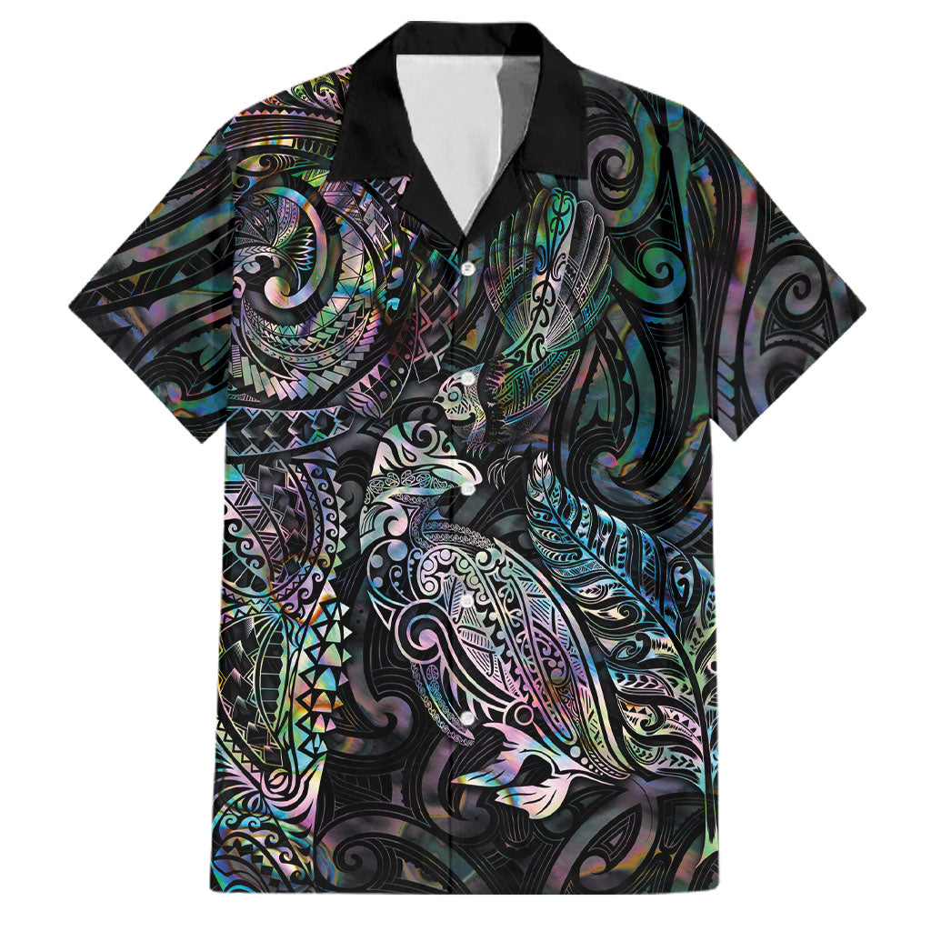 Aotearoa Moko Tribal Tattoo Family Matching Off The Shoulder Long Sleeve Dress and Hawaiian Shirt New Zealand Maori Penguin and Fantail Paua Shell Style LT03 Dad's Shirt - Short Sleeve Multicolor - Polynesian Pride