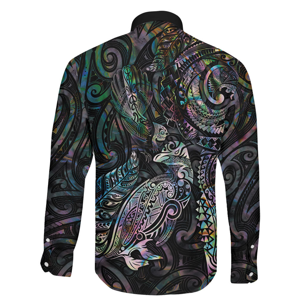 Aotearoa Moko Tribal Tattoo Family Matching Off The Shoulder Long Sleeve Dress and Hawaiian Shirt New Zealand Maori Penguin and Fantail Paua Shell Style LT03 - Polynesian Pride