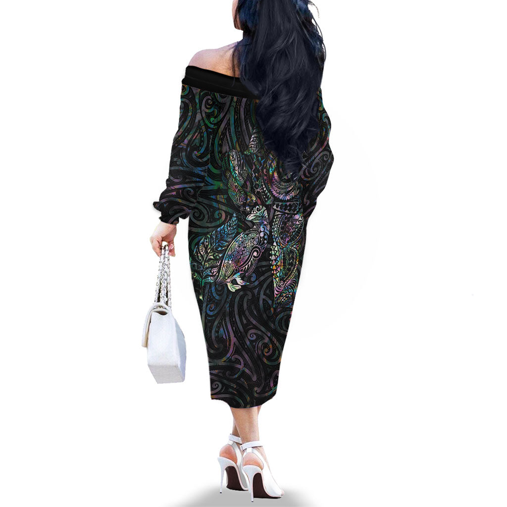 Aotearoa Moko Tribal Tattoo Family Matching Off The Shoulder Long Sleeve Dress and Hawaiian Shirt New Zealand Maori Penguin and Fantail Paua Shell Style LT03 - Polynesian Pride