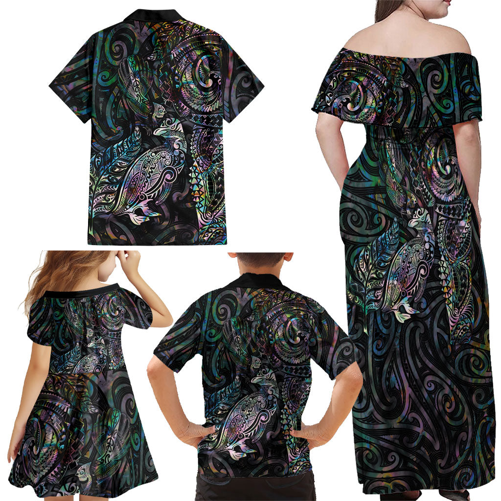 Aotearoa Moko Tribal Tattoo Family Matching Off Shoulder Maxi Dress and Hawaiian Shirt New Zealand Maori Penguin and Fantail Paua Shell Style LT03 - Polynesian Pride