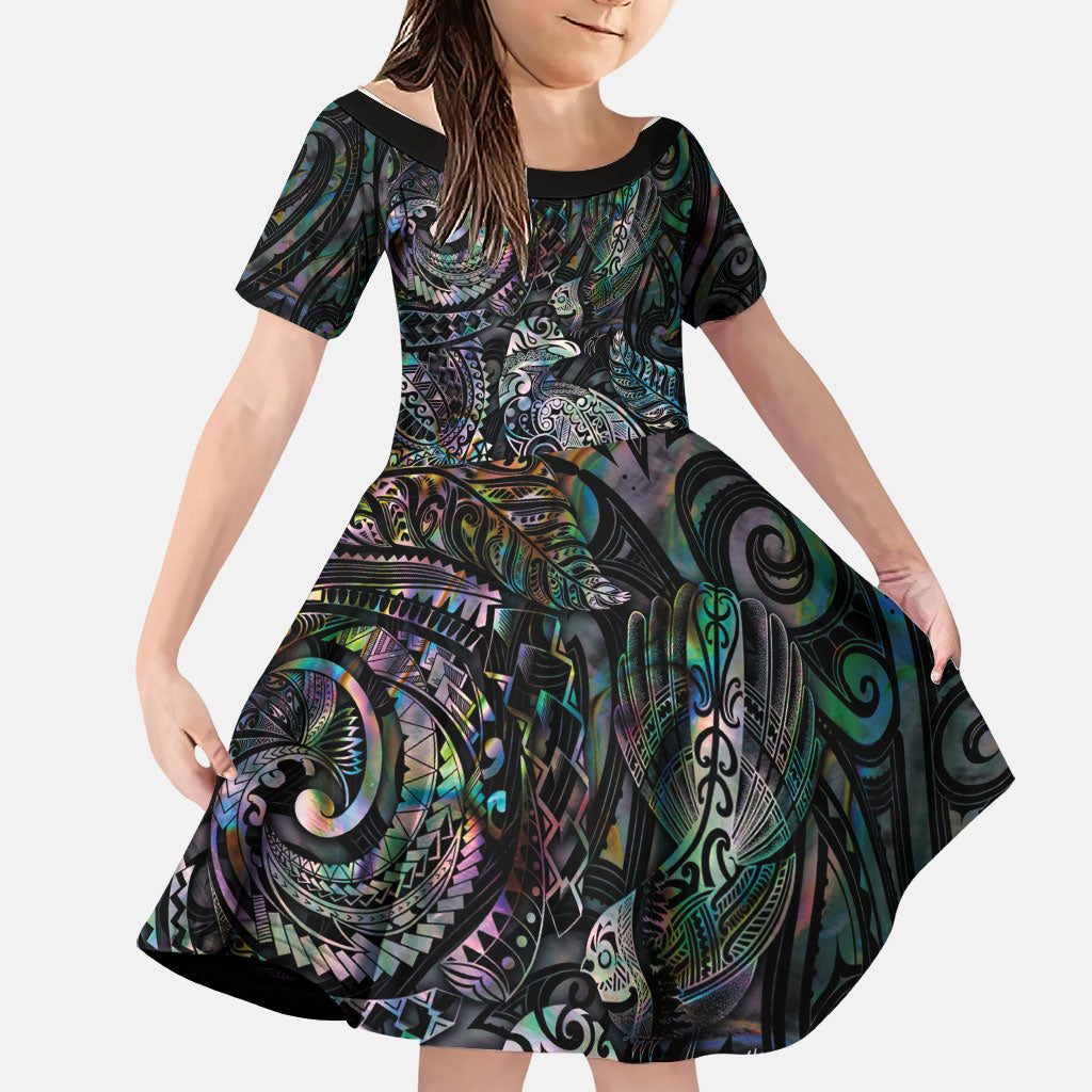 Aotearoa Moko Tribal Tattoo Family Matching Off Shoulder Short Dress and Hawaiian Shirt New Zealand Maori Penguin and Fantail Paua Shell Style LT03 Daughter's Dress Multicolor - Polynesian Pride