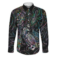 Aotearoa Moko Tribal Tattoo Family Matching Off Shoulder Short Dress and Hawaiian Shirt New Zealand Maori Penguin and Fantail Paua Shell Style LT03 Dad's Shirt - Long Sleeve Multicolor - Polynesian Pride
