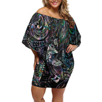 Aotearoa Moko Tribal Tattoo Family Matching Off Shoulder Short Dress and Hawaiian Shirt New Zealand Maori Penguin and Fantail Paua Shell Style LT03 Mom's Dress Multicolor - Polynesian Pride