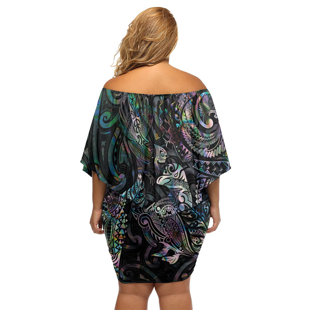 Aotearoa Moko Tribal Tattoo Family Matching Off Shoulder Short Dress and Hawaiian Shirt New Zealand Maori Penguin and Fantail Paua Shell Style LT03 - Polynesian Pride