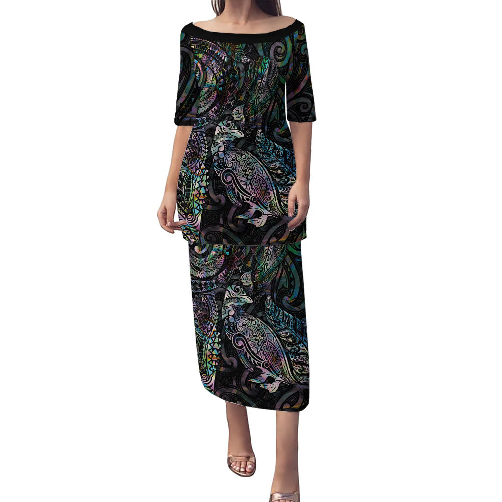 Aotearoa Moko Tribal Tattoo Family Matching Puletasi and Hawaiian Shirt New Zealand Maori Penguin and Fantail Paua Shell Style LT03 Mom's Dress Multicolor - Polynesian Pride