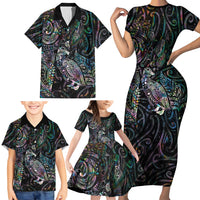 Aotearoa Moko Tribal Tattoo Family Matching Short Sleeve Bodycon Dress and Hawaiian Shirt New Zealand Maori Penguin and Fantail Paua Shell Style LT03 - Polynesian Pride