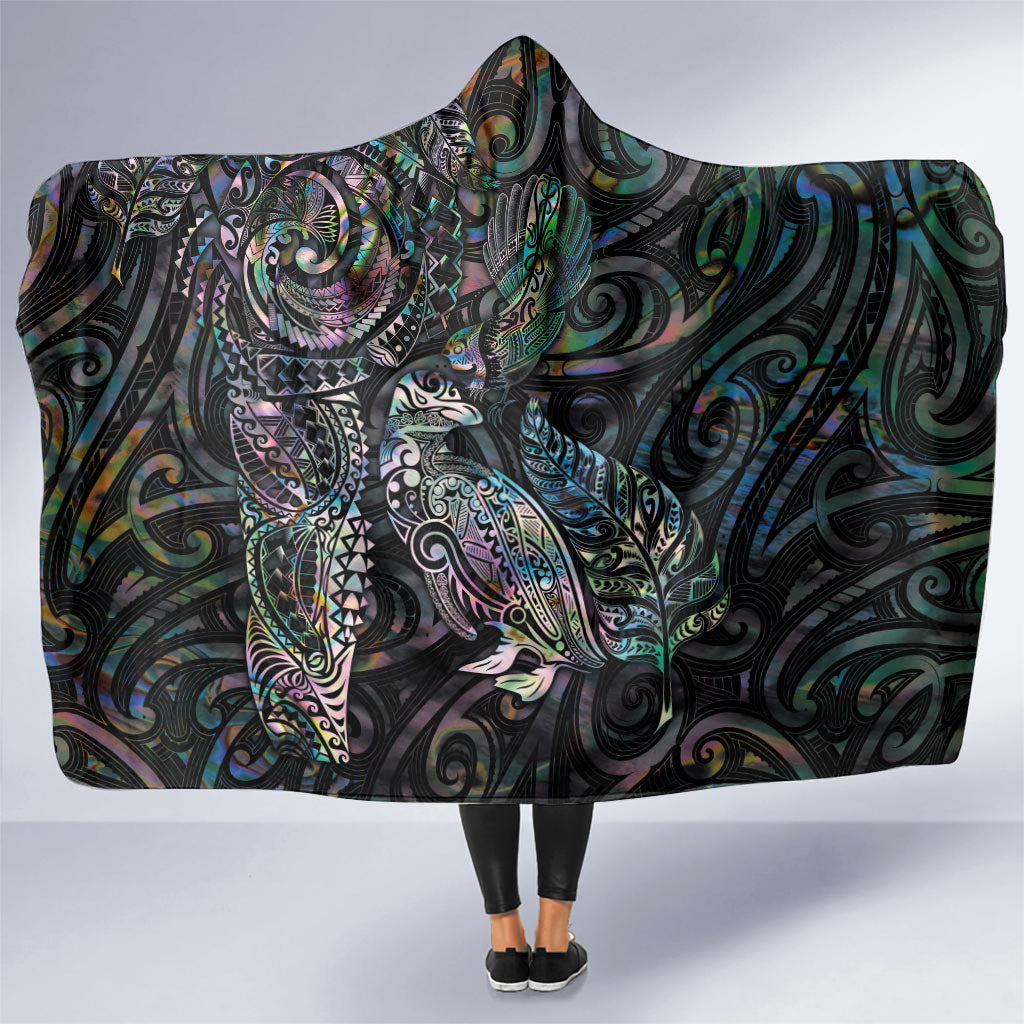 Aotearoa Moko Tribal Tattoo Hooded Blanket New Zealand Maori Penguin and Fantail Paua Shell Style LT03 One Size Multicolor - Polynesian Pride