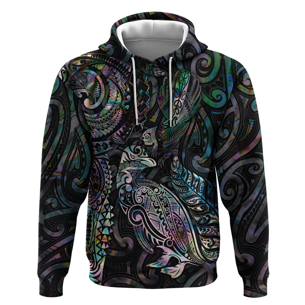 Aotearoa Moko Tribal Tattoo Hoodie New Zealand Maori Penguin and Fantail Paua Shell Style LT03 Pullover Hoodie Multicolor - Polynesian Pride