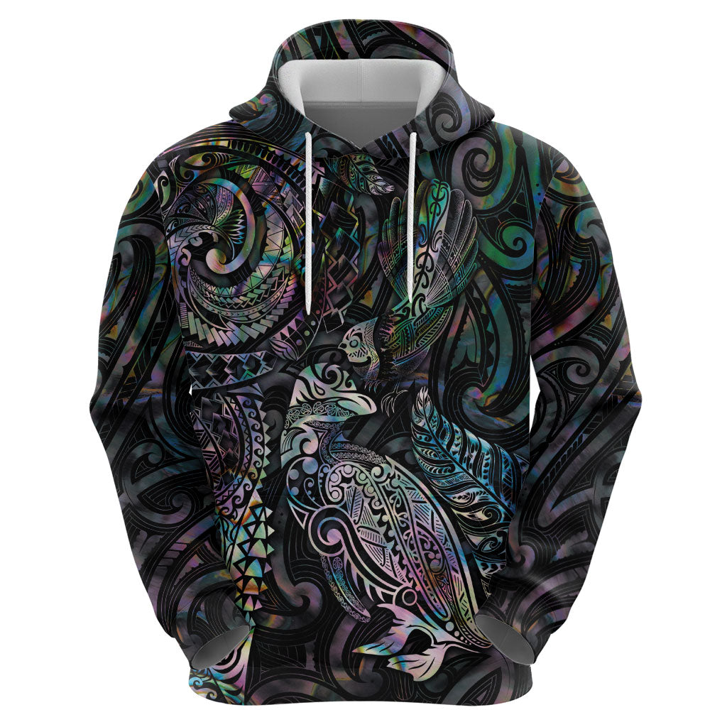 Aotearoa Moko Tribal Tattoo Hoodie New Zealand Maori Penguin and Fantail Paua Shell Style LT03 - Polynesian Pride