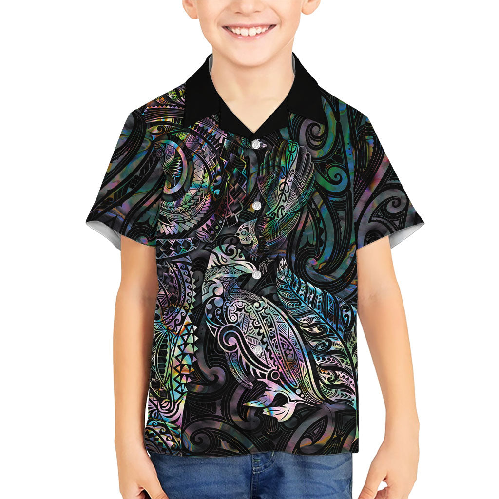 Aotearoa Moko Tribal Tattoo Kid Hawaiian Shirt New Zealand Maori Penguin and Fantail Paua Shell Style