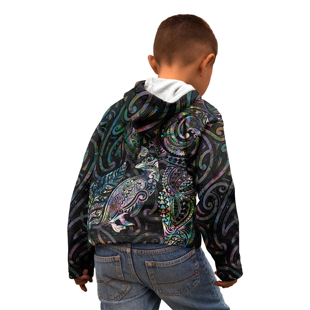 Aotearoa Moko Tribal Tattoo Kid Hoodie New Zealand Maori Penguin and Fantail Paua Shell Style LT03 - Polynesian Pride