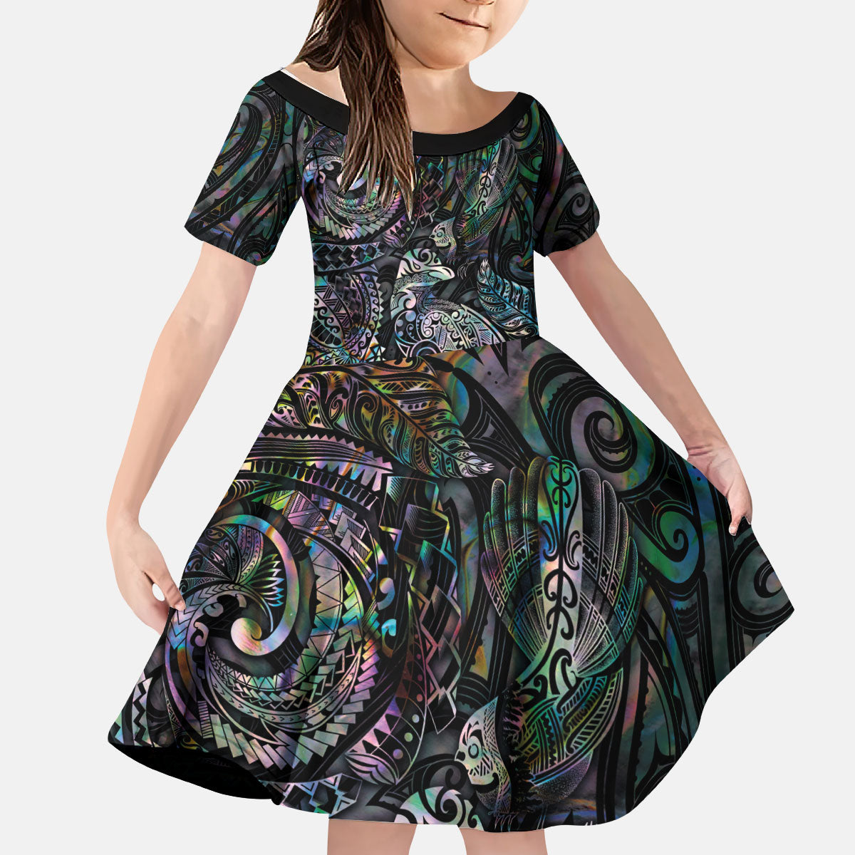 Aotearoa Moko Tribal Tattoo Kid Short Sleeve Dress New Zealand Maori Penguin and Fantail Paua Shell Style