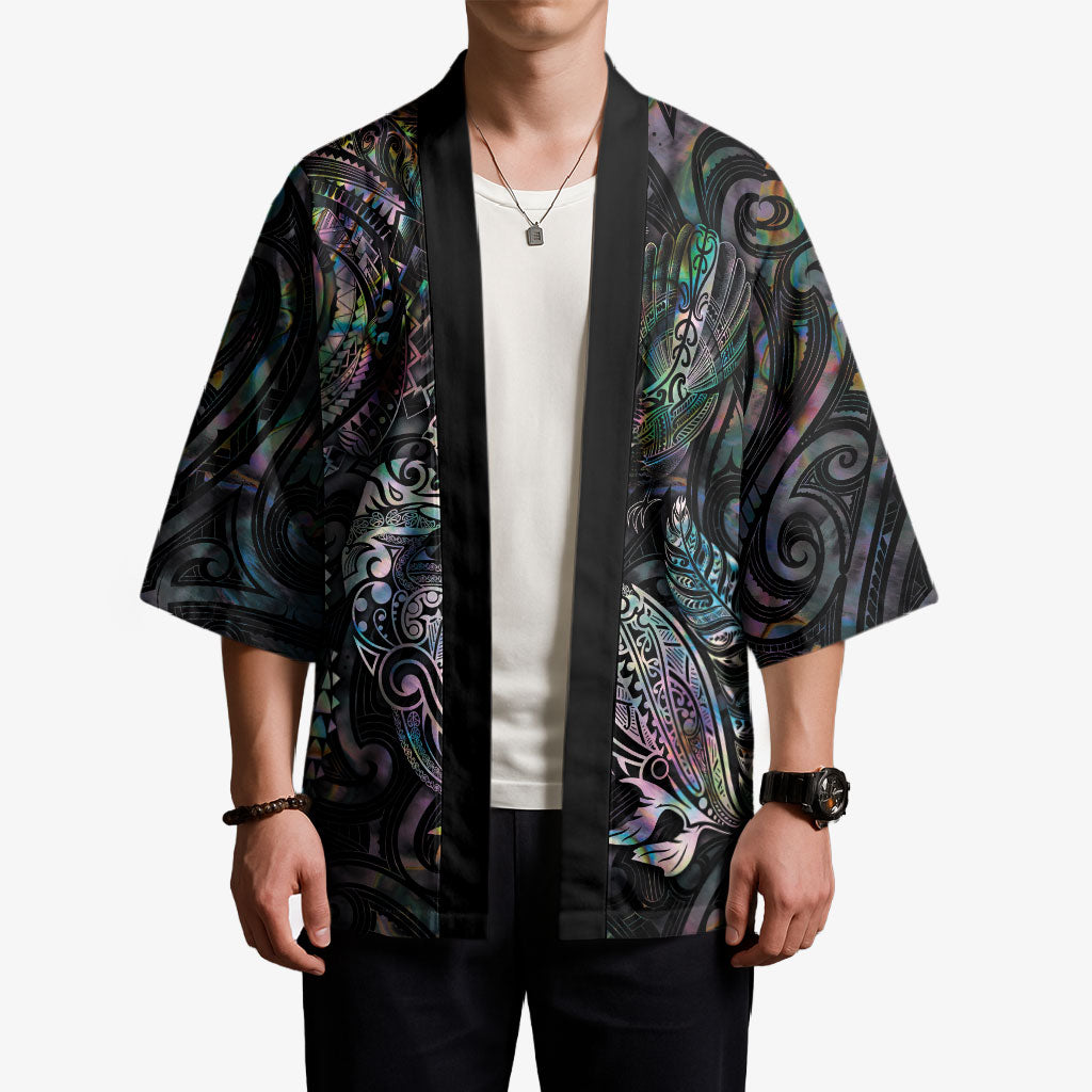 Aotearoa Moko Tribal Tattoo Kimono New Zealand Maori Penguin and Fantail Paua Shell Style LT03 - Polynesian Pride