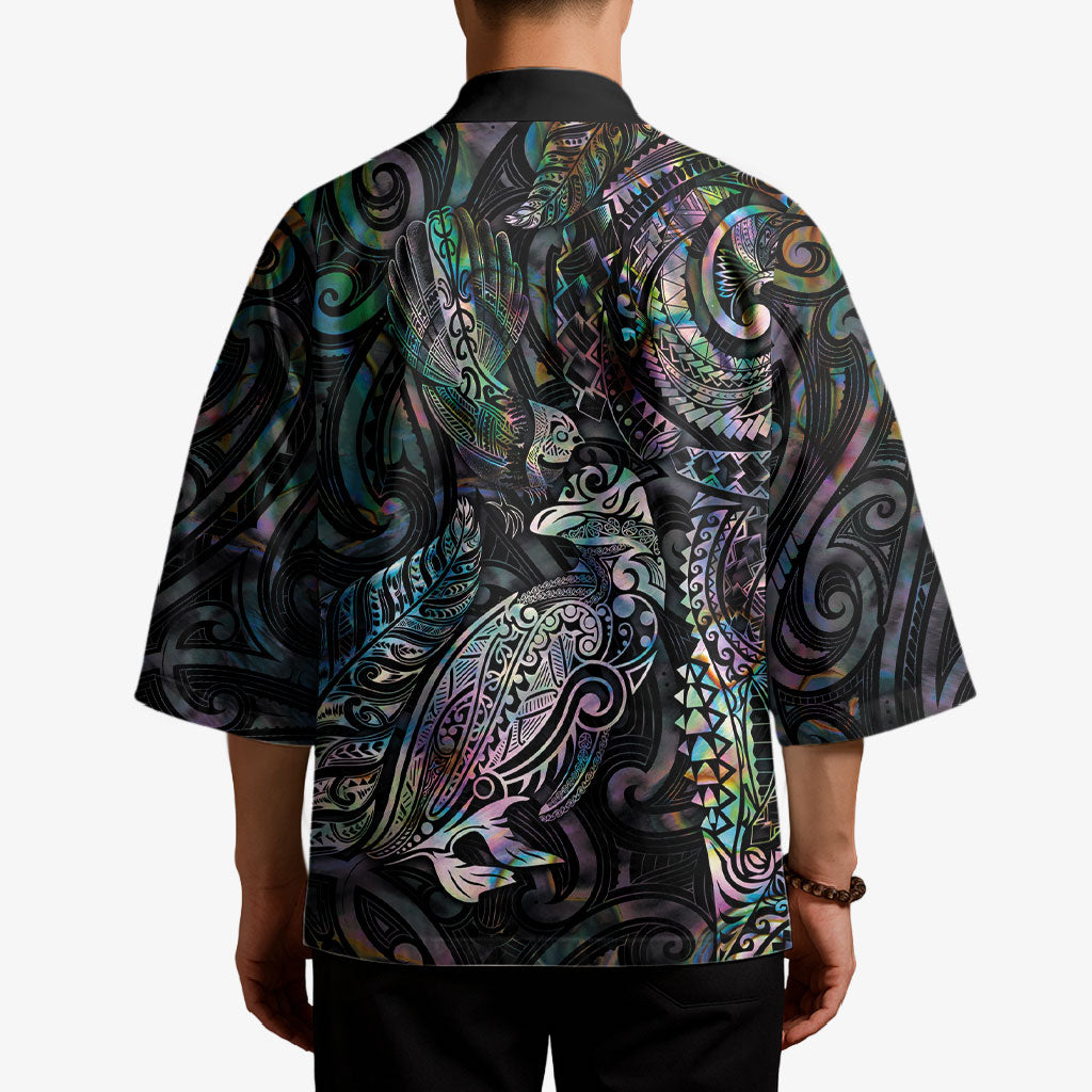 Aotearoa Moko Tribal Tattoo Kimono New Zealand Maori Penguin and Fantail Paua Shell Style LT03 - Polynesian Pride