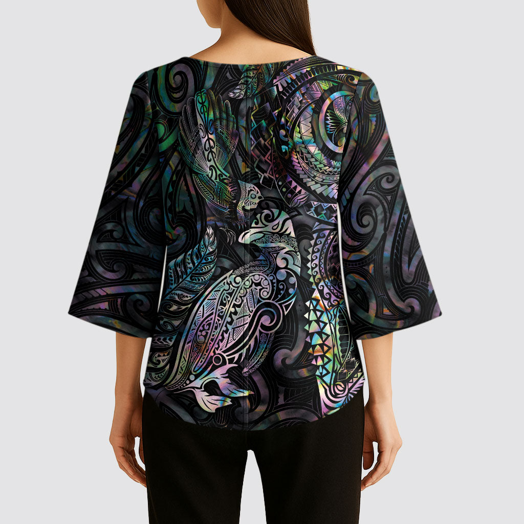 Aotearoa Moko Tribal Tattoo Kimono Sleeve Blouse New Zealand Maori Penguin and Fantail Paua Shell Style LT03 - Polynesian Pride