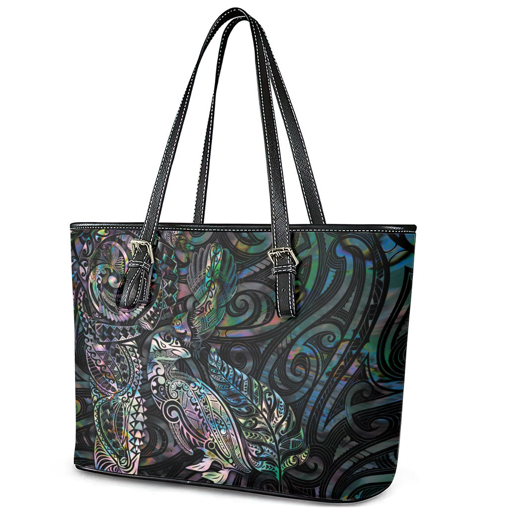 Aotearoa Moko Tribal Tattoo Leather Tote Bag New Zealand Maori Penguin and Fantail Paua Shell Style LT03 - Polynesian Pride