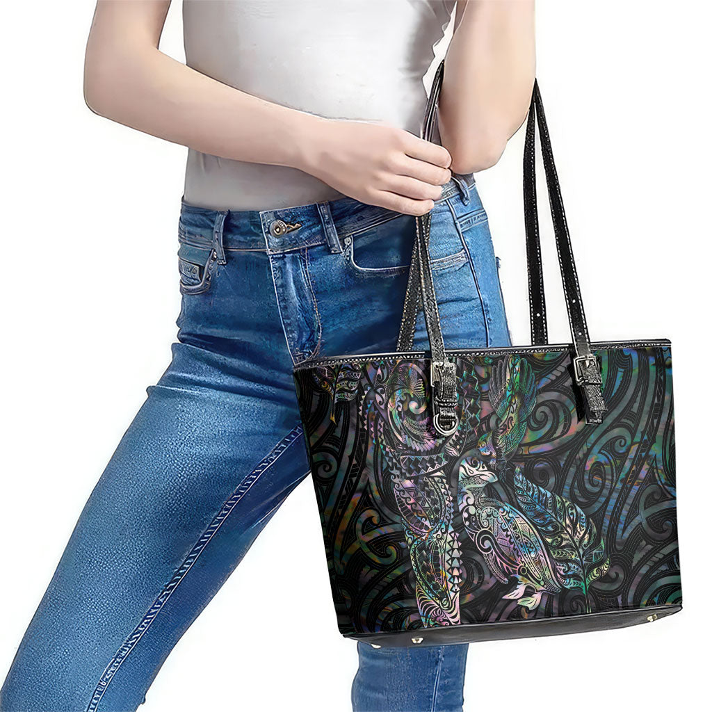 Aotearoa Moko Tribal Tattoo Leather Tote Bag New Zealand Maori Penguin and Fantail Paua Shell Style LT03 - Polynesian Pride