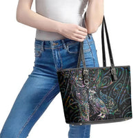 Aotearoa Moko Tribal Tattoo Leather Tote Bag New Zealand Maori Penguin and Fantail Paua Shell Style LT03 - Polynesian Pride