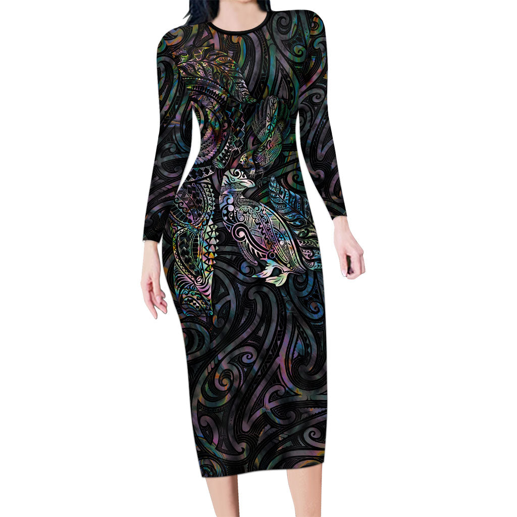 Aotearoa Moko Tribal Tattoo Long Sleeve Bodycon Dress New Zealand Maori Penguin and Fantail Paua Shell Style LT03 Long Dress Multicolor - Polynesian Pride