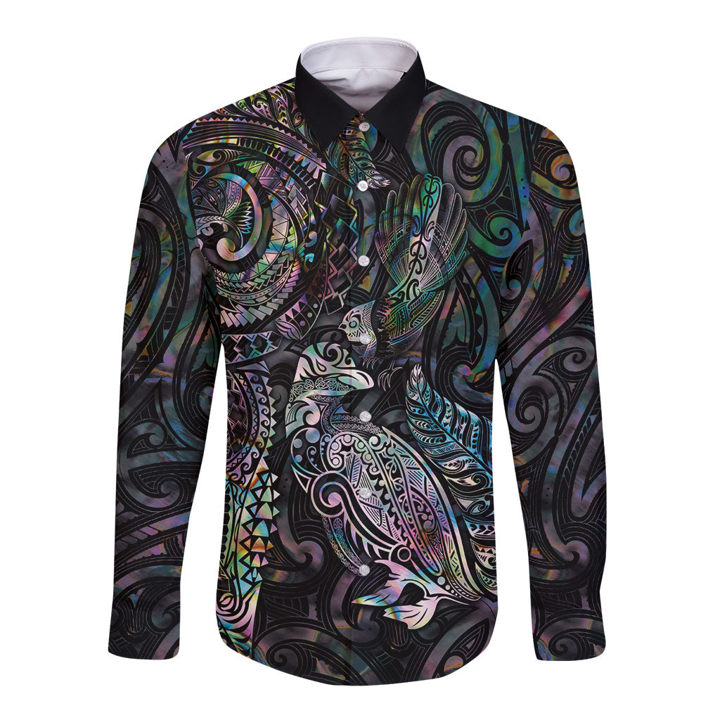 Aotearoa Moko Tribal Tattoo Long Sleeve Button Shirt New Zealand Maori Penguin and Fantail Paua Shell Style LT03 Unisex Multicolor - Polynesian Pride