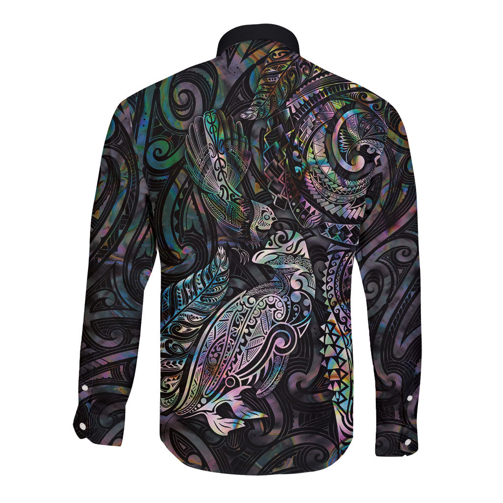 Aotearoa Moko Tribal Tattoo Long Sleeve Button Shirt New Zealand Maori Penguin and Fantail Paua Shell Style LT03 - Polynesian Pride