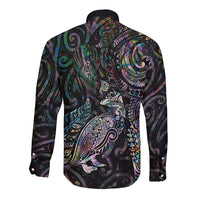 Aotearoa Moko Tribal Tattoo Long Sleeve Button Shirt New Zealand Maori Penguin and Fantail Paua Shell Style LT03 - Polynesian Pride