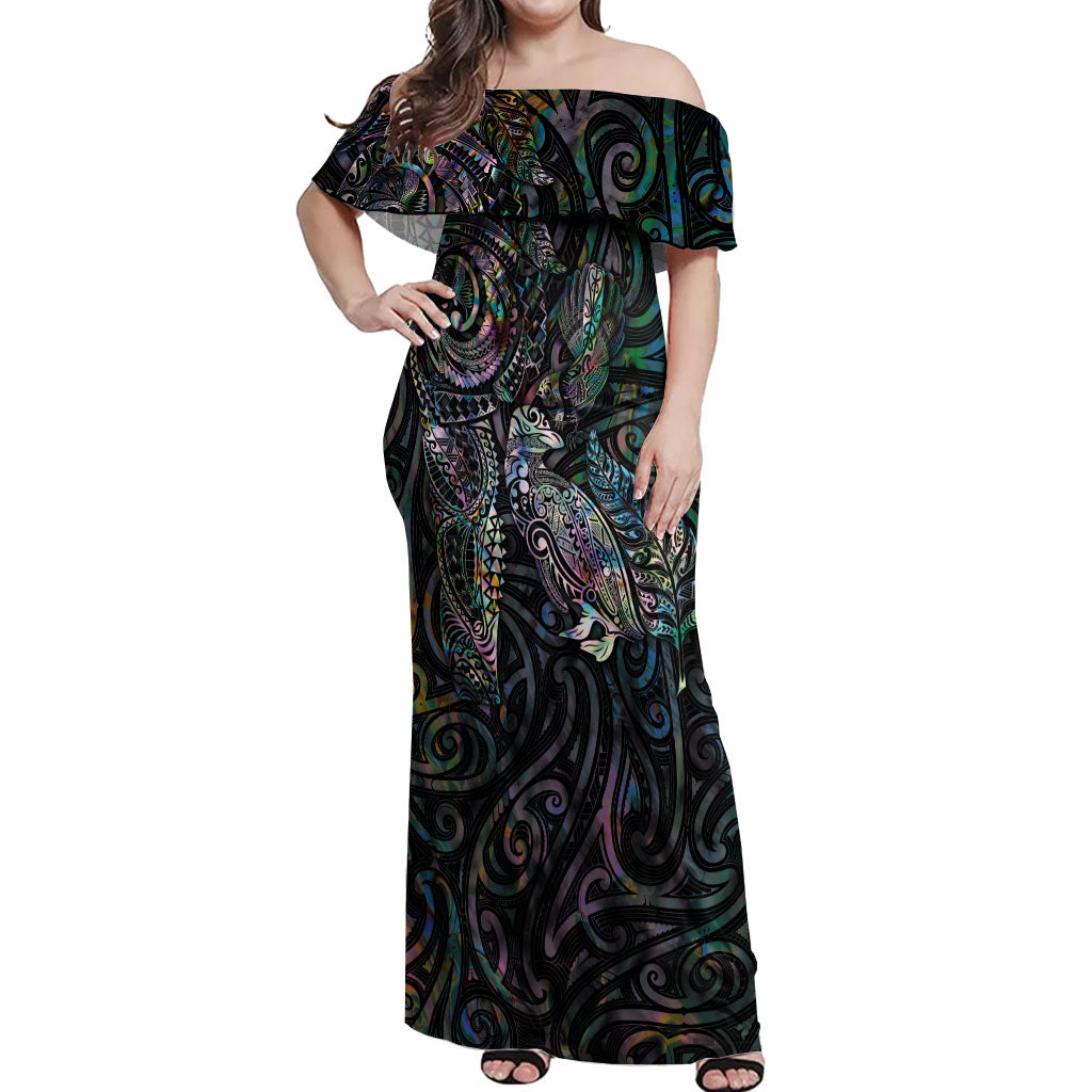 Aotearoa Moko Tribal Tattoo Off Shoulder Maxi Dress New Zealand Maori Penguin and Fantail Paua Shell Style