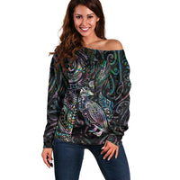 Aotearoa Moko Tribal Tattoo Off Shoulder Sweater New Zealand Maori Penguin and Fantail Paua Shell Style LT03 Women Multicolor - Polynesian Pride