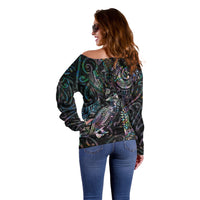 Aotearoa Moko Tribal Tattoo Off Shoulder Sweater New Zealand Maori Penguin and Fantail Paua Shell Style LT03 - Polynesian Pride