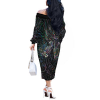 Aotearoa Moko Tribal Tattoo Off The Shoulder Long Sleeve Dress New Zealand Maori Penguin and Fantail Paua Shell Style LT03 - Polynesian Pride