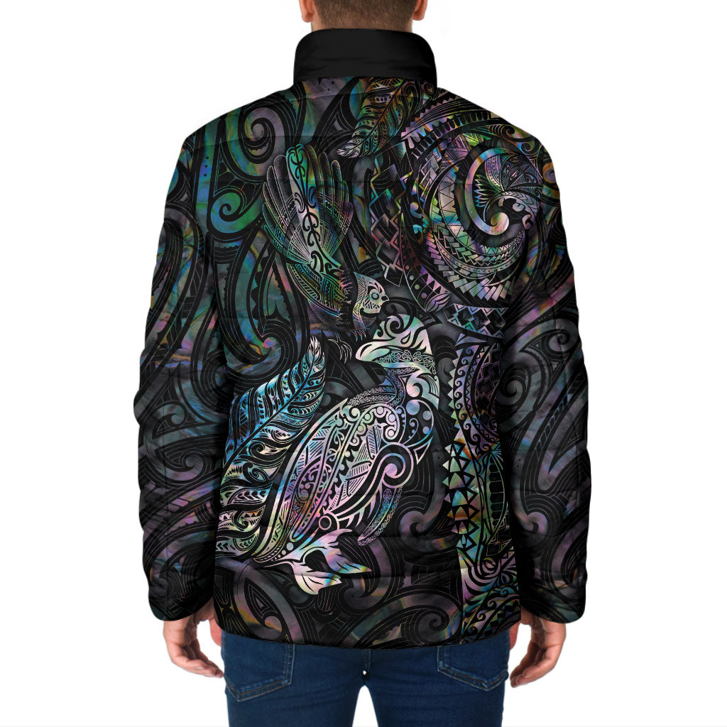 Aotearoa Moko Tribal Tattoo Padded Jacket New Zealand Maori Penguin and Fantail Paua Shell Style LT03 - Polynesian Pride
