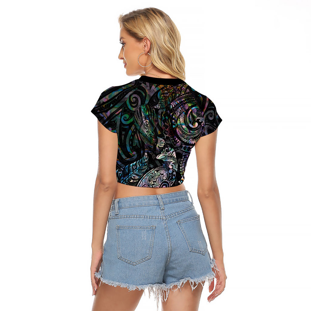 Aotearoa Moko Tribal Tattoo Raglan Cropped T Shirt New Zealand Maori Penguin and Fantail Paua Shell Style LT03 - Polynesian Pride