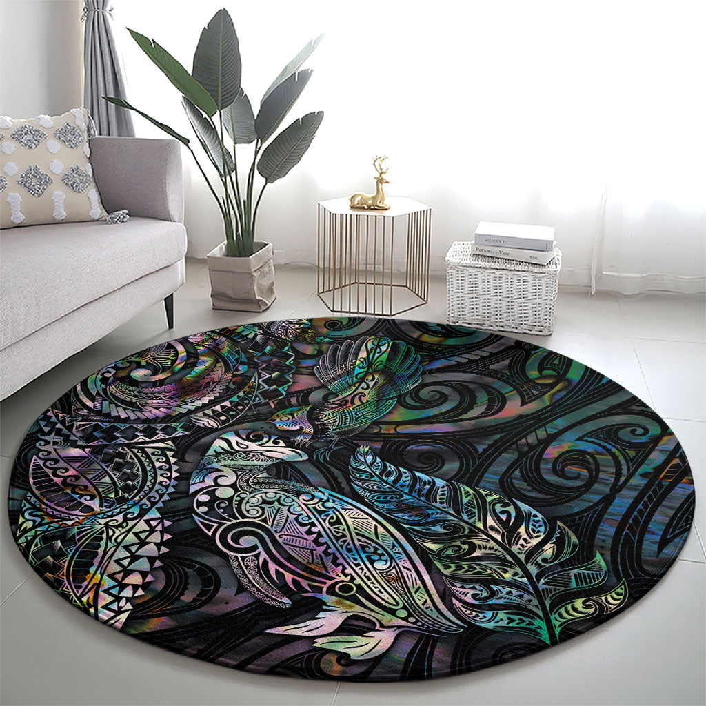 Aotearoa Moko Tribal Tattoo Round Carpet New Zealand Maori Penguin and Fantail Paua Shell Style LT03 - Polynesian Pride