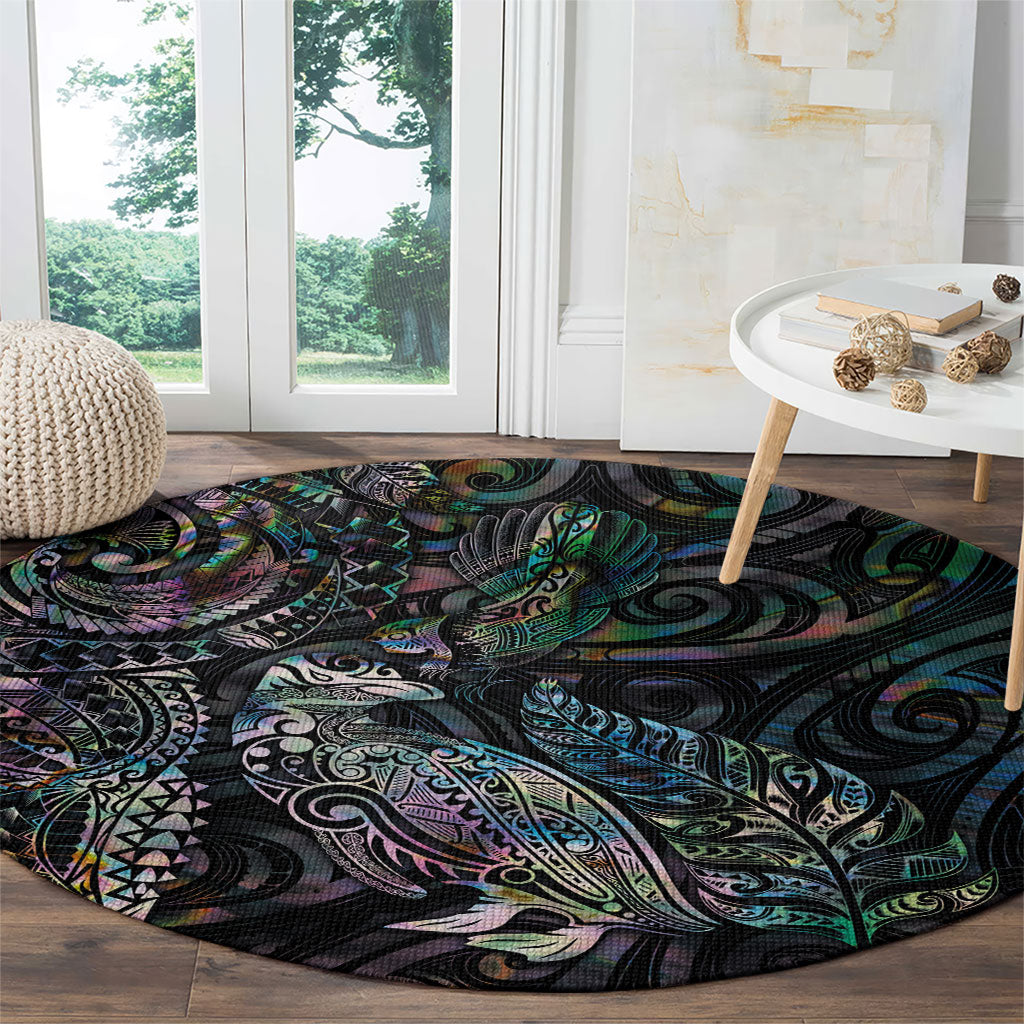 Aotearoa Moko Tribal Tattoo Round Carpet New Zealand Maori Penguin and Fantail Paua Shell Style LT03 - Polynesian Pride