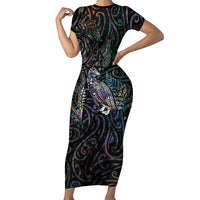 Aotearoa Moko Tribal Tattoo Short Sleeve Bodycon Dress New Zealand Maori Penguin and Fantail Paua Shell Style LT03 Long Dress Multicolor - Polynesian Pride