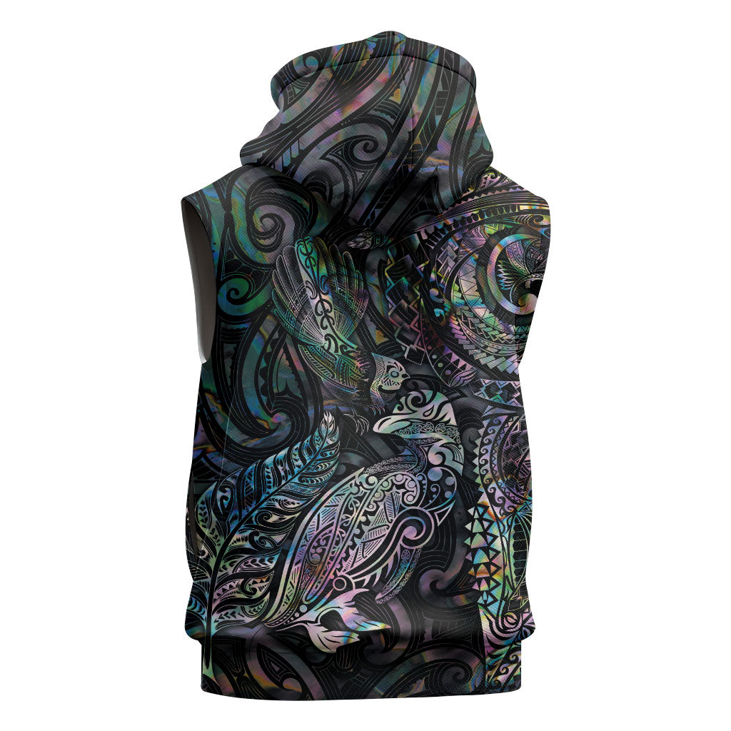 Aotearoa Moko Tribal Tattoo Sleeveless Hoodie New Zealand Maori Penguin and Fantail Paua Shell Style LT03 - Polynesian Pride