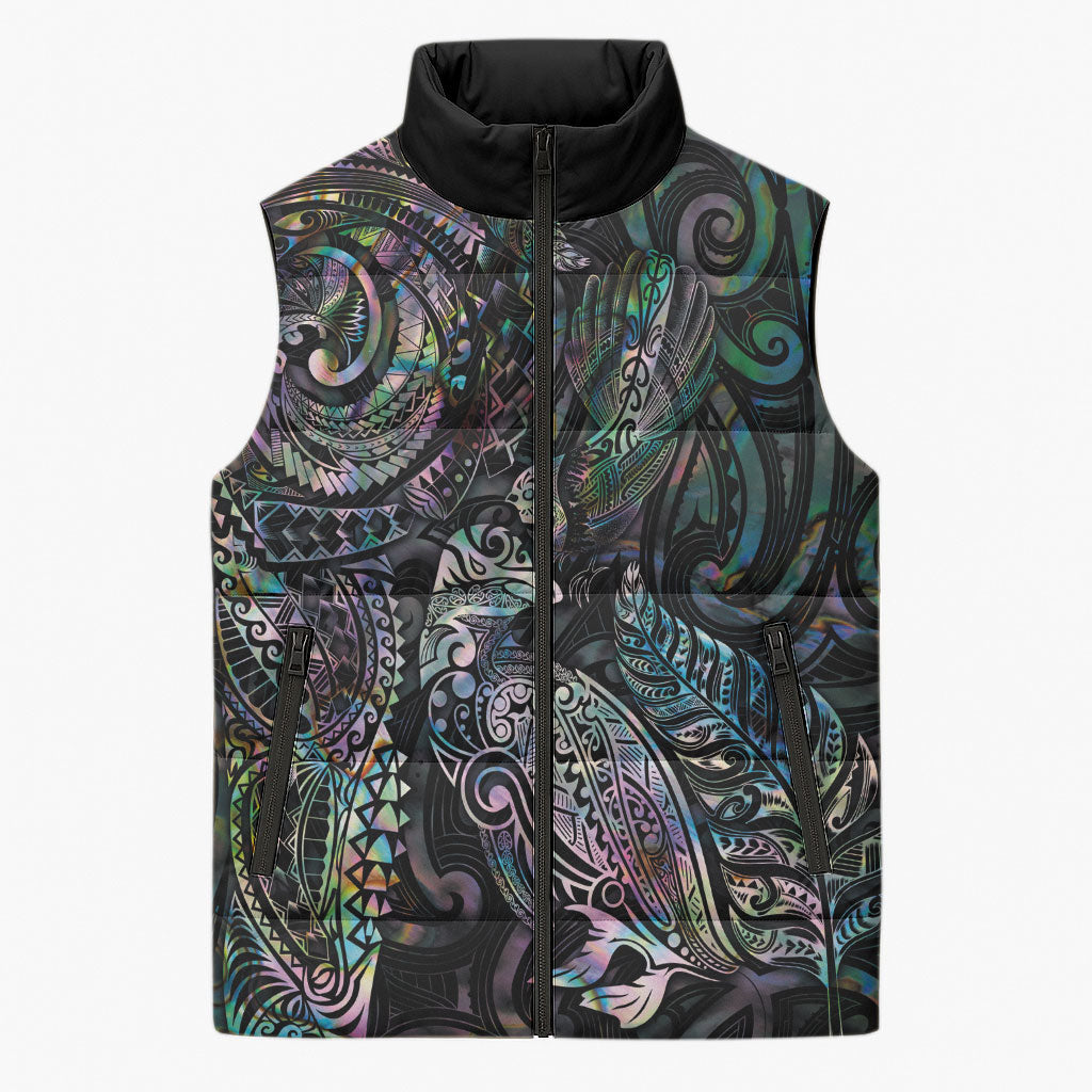 Aotearoa Moko Tribal Tattoo Sleeveless Puffer Jacket New Zealand Maori Penguin and Fantail Paua Shell Style