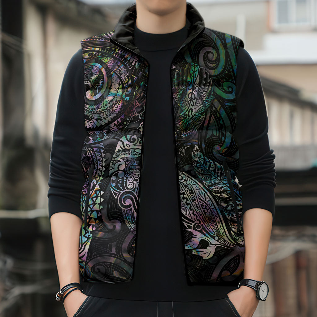 Aotearoa Moko Tribal Tattoo Sleeveless Puffer Jacket New Zealand Maori Penguin and Fantail Paua Shell Style LT03 - Polynesian Pride