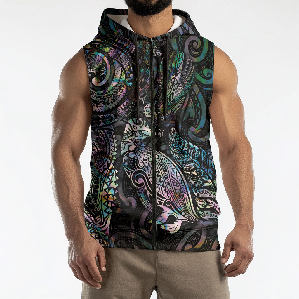 Aotearoa Moko Tribal Tattoo Sleeveless Zip Hoodie New Zealand Maori Penguin and Fantail Paua Shell Style LT03 - Polynesian Pride