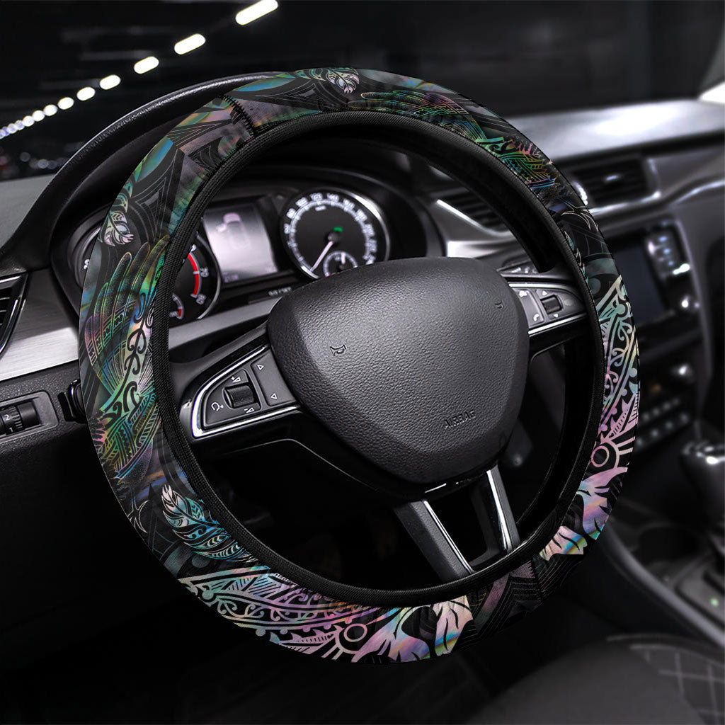 Aotearoa Moko Tribal Tattoo Steering Wheel Cover New Zealand Maori Penguin and Fantail Paua Shell Style LT03 Universal Fit Multicolor - Polynesian Pride