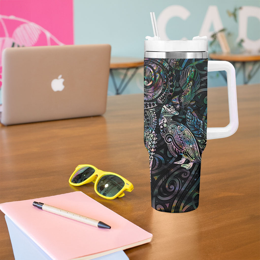 Aotearoa Moko Tribal Tattoo Tumbler With Handle New Zealand Maori Penguin and Fantail Paua Shell Style LT03 - Polynesian Pride