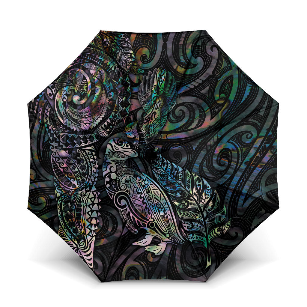 Aotearoa Moko Tribal Tattoo Umbrella New Zealand Maori Penguin and Fantail Paua Shell Style